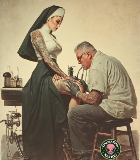 Das Bild zeigt eine auffällige und provokative Szene:

Im Zentrum steht eine junge Frau, die als Nonne gekleidet ist – sie trägt eine traditionelle schwarze Haube und einen schwarzen Rock, allerdings mit einem modernen, ärmellosen, eng anliegenden weißen Oberteil. Auffällig sind ihre zahlreichen Tattoos an Armen und Beinen. Sie sitzt auf einem Stuhl oder Tisch, während ein älterer, ebenfalls tätowierter Mann konzentriert ein großes Tattoo auf ihrem Oberschenkel sticht. Er trägt Handschuhe und arbeitet mit einem Tätowiergerät. Im Hintergrund stehen typische Utensilien eines Tattoo-Studios, wie Farben, Nadeln und Desinfektionsmittel.

In der rechten unteren Ecke ist ein Logo mit einem grünen Kreis und einem pinken Alien-Kopf zu sehen, darüber steht: “DALMATIAN NATION” – vermutlich ein Künstler- oder Studio-Logo.

Stil: Das Bild hat eine gemäldeartige, fast retro-fotorealistische Anmutung, wie eine moderne Interpretation klassischer Illustrationskunst.
Botschaft: Es spielt mit Kontrasten und Tabubrüchen – Religion versus Körperkunst, Reinheit versus Rebellion, Tradition versus Moderne.🖖