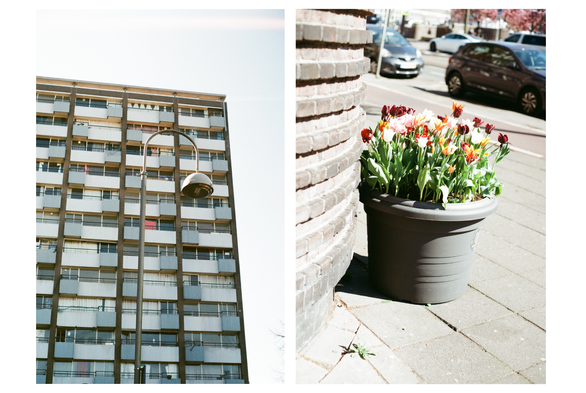 On the left: a photo, taken with a vintage camera, of a 1960s apartment flat that's in a poor condition. On the right: a bucket with tulips on the street.