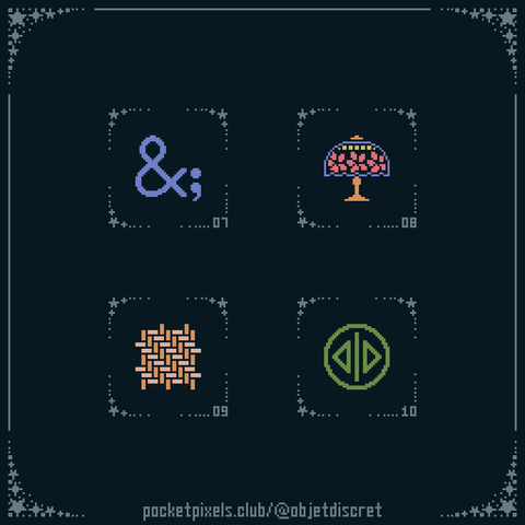 a pixel art illustration of an ampersand with semicolon, a glass lamp, a wicker pattern, and the Toki Pona sitelen sitelen glyph for kipisi ('split').