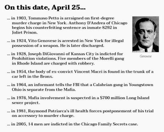 Collection of crime history items from April 25. Mugshot of Vito Genovese.