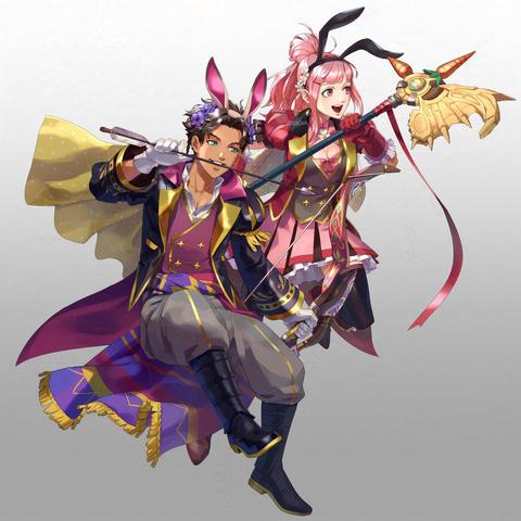 Two medieval anime characters from Fire Emblem Three Hopes game for the Nintendo Switch system pose for attack. It’s like they’re flying out of a phone game which is wild. Claude guy with wavy short hair, in sort of jacket/vest school uniform with bunny ears and holding Turkish-style bow, confidently holds arrow in teeth. Hilda, pink haired girl in similar jacket/vest school uniform with bunny ears holding an axe shaped like a rabbit skull.