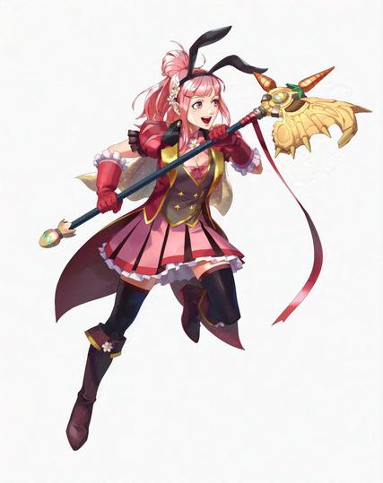 (solo version) Hilda, pink haired girl in similar jacket/vest school uniform with bunny ears holding an axe shaped like a rabbit skull.