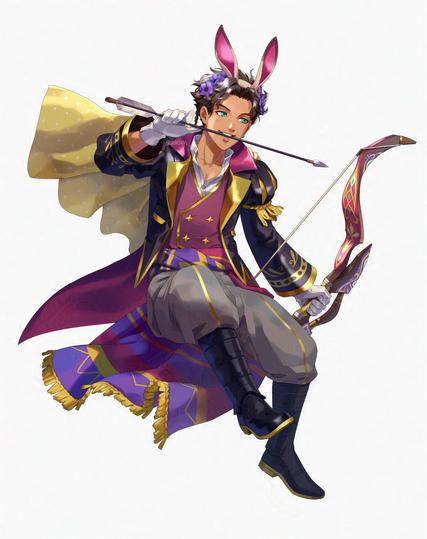 (solo version) Claude guy with wavy short hair, in sort of jacket/vest school uniform with bunny ears and holding Turkish-style bow, confidently holds arrow in teeth.