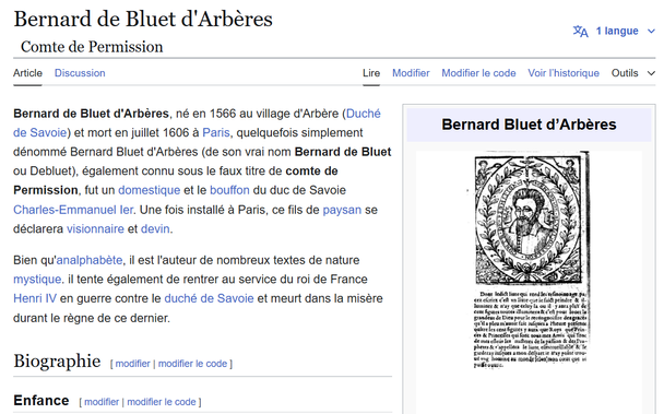 Capture d'écran de l'article Wikipédia consacré à Bernard de Bluet d'Arbères. L'article présente une biographie détaillée de ce personnage historique, né en 1566 au Duché de Savoie et décédé en juillet 1606 à Paris. Il est décrit comme domestique, bouffon du duc de Savoie Charles-Emmanuel Ier, ainsi que visionnaire et auteur de textes mystiques. L'image inclut également une illustration ancienne de Bernard de Bluet d'Arbères entourée de texte en vieux français.