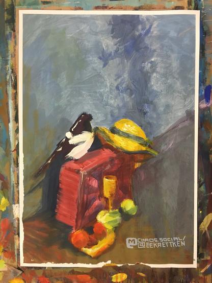acrylic paint on paper 
sketch of a magpie sitting on a suitcase with fruits (orange, banana, etc) in front of it. a hat sits on the back corner of the suitcase. the ensemble is colorful, behind it a gray sky-like background on which a shadow falls like on a wall. gray background drifting into a brown tone on the left.