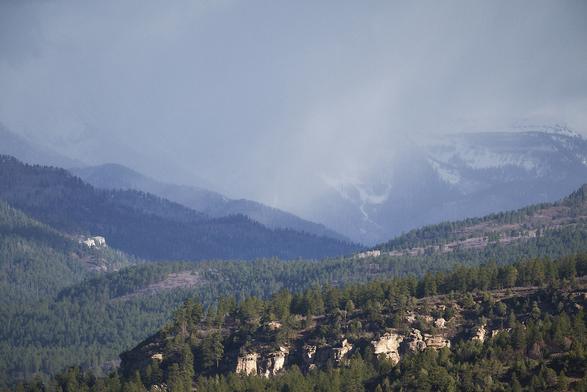 A serene landscape featuring layered, snow-covered mountains veiled by spring snowfall in the background, with a lush, green forest covering rocky terrain in the foreground.
