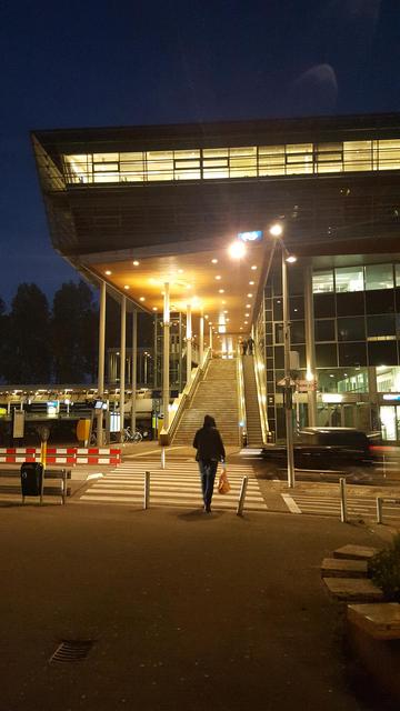 A backlit and therefor shadowy person wearing a jacket with the hood up and jeans, holding an orange plastic bag in their right hand starts to cross a single lane street at a zebra crossing towards the entrance of Maarssen trainstation ar night.

The entrance consists of a single escalator and a wide set of stairs running up and along the left side of a three story office building. The third floor overhang functions as the roof of the otherwise open stairs and escalator and holds the lights lighting them in a yellowish tint. Two people are almost at the top of the escalator.

In the background to the left a small piece of the platform.