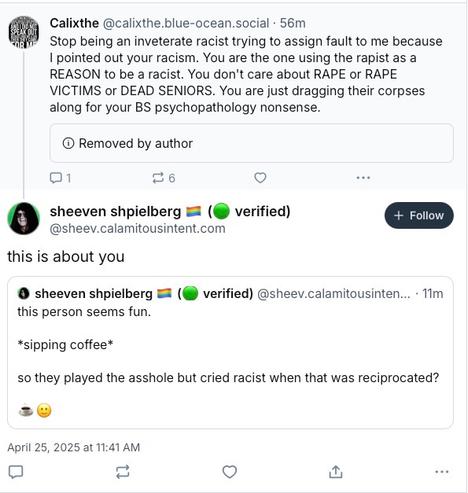 The image shows a social media thread with contentious exchanges:

1. A post from user Calixthe (@calixthe.blue-ocean.social) from 56 minutes ago making serious accusations, saying: "Stop being an inveterate racist trying to assign fault to me because I pointed out your racism. You are the one using the rapist as a REASON to be a racist. You don't care about RAPE or RAPE VICTIMS or DEAD SENIORS. You are just dragging their corpses along for your BS psychopathology nonsense."

2. Below that is a note indicating "[Removed by author]" in a gray box, suggesting a deleted response.

3. The post has engagement metrics showing 1 comment, 6 reposts, and a menu option.

4. Below is a response from "sheeven shpielberg" (marked with a verified badge) saying "this is about you"

5. This user embeds their own previous comment from 11 minutes ago that reads:
"this person seems fun.
*sipping coffee*
so they played the asshole but cried racist when that was reciprocated?"
followed by coffee cup and smiling emojis.

6. The post is timestamped April 25, 2025 at 11:41 AM with standard engagement options at the bottom.