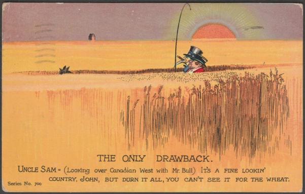 Printed colour postcard showing a view of Uncle Sam and John Bull looking over the extensive wheat fields of Western Canada and with Uncle Same saying: 'It's a fine lookin' country John, but darn it all, you can't see it for all the wheat'. Not signed.

Publisher not stated, Canadian Private Post Card, Series No 700.

Postally used on 9 March 1910 with Winnipeg cancellation on red 2 cents stamp and sent to Miss Lendon, 77 Kensington Avenue, Watford, Hertfordshire, England.

Good condition, with slight corner wear.