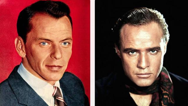 Porträtfoto von Frank Sinatra, der in die Kamera blickt, neben einem Porträtfoto von Marlon Brando, der ebenfalls direkt in die Kamera schaut. Sinatra trägt einen Anzug mit einer Krawatte, während Brando ein lässiges Kleidungsstück mit einem Schal um den Hals trägt. Der Hintergrund von Sinatras Bild ist rot, während Brando in einem dunklen, fast schwarzen Hintergrund abgebildet ist.