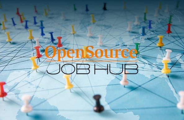 Open Source JobHub logo with background of a world map with pushpins connected by lines
