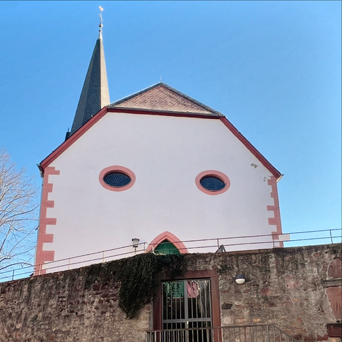 Blick auf die Hauptfassade (Giebelseite) der Kirche. Sie ist ein einfacher barock erscheinender Bau. Im Vordergrund eine Kirchhofmauer. Die beiden ovalen Fenster und das gotische Spitzbogenportal in der Mitte lassen die Fassade wie ein Gesicht aussehen.