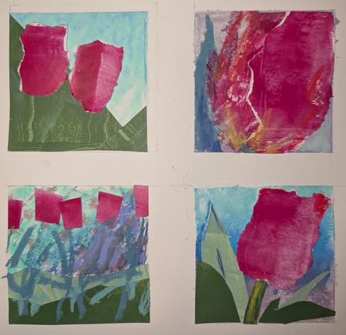 A 2 x 2 grid of quick sketches on an 8" square sketchbook page. Made using kids' tempera sticks, and some quickly-painted collage papers in pure pigments: quinacridone magenta, chromium oxide green, Reeves sage green.
© 2025 @deborahh@cosocial.ca (me).