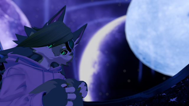 Ao the novabeast (green fluffy eastern dragon, with a bang going on the right, and a pink sweater) sitting and holding his legs under a sky with spatial assets like stars, planets, moon, etc.