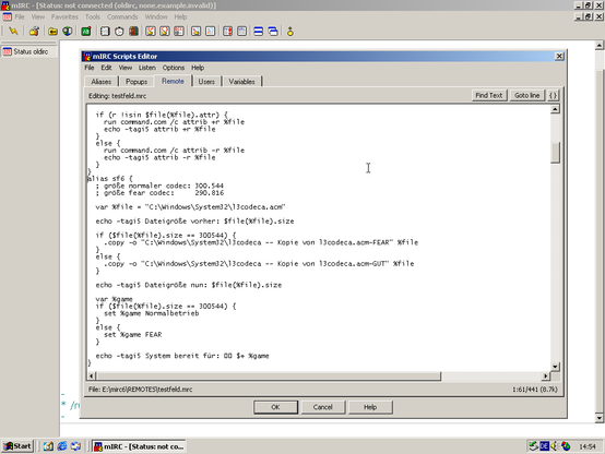 mIRC running on Windows 2000. The script editor is open, showing some code for swapping MP3 codecs.

Not connected to an IRC server, because I guess that’s rather bad idea in 2025.