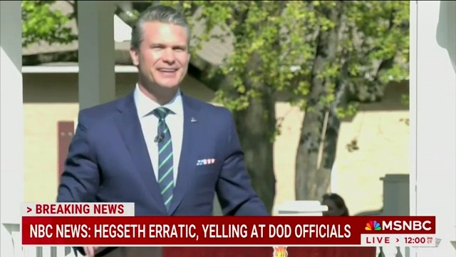Photo by Aaron Rupar on April 25, 2025. May be an image of 1 person, newspaper and text that says 'សមរ > BREAKING NEWS NEWS: HEGSETH ERRATIC, YELLING AT DOD OFFICIALS LMSNBC LIVE 12:00 LIVE>12:00F7 2'.
