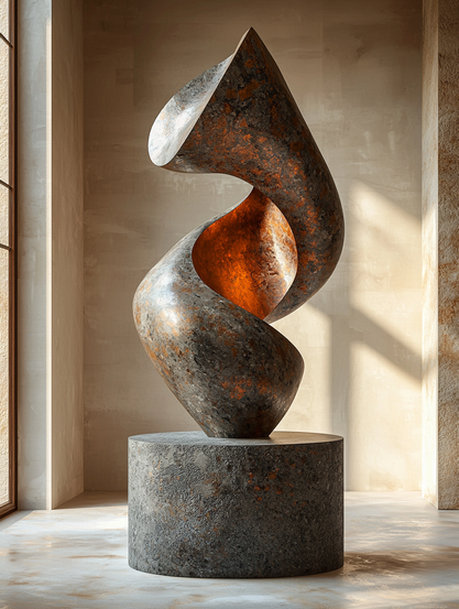 Forme Fondue.
Sculpture abstraite en métal oxydé, torsadée avec élégance et baignée de lumière naturelle dans un espace minimaliste raffiné.
Abstract sculpture in oxidized metal, elegantly twisted and bathed in natural light within a refined minimalist space.