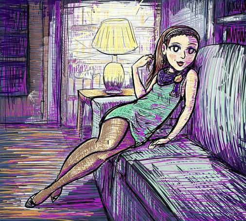Scribbly digital colour drawing of a young woman on a couch.