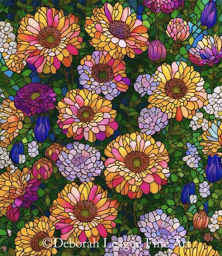 Stained Glass Flower Garden, photography + digital art. The image is of a flower garden, seen from above as though you were walking through the colorful plants.

Vibrant flowers with a variety of colors are depicted in a style reminiscent of stained glass, with each petal and leaf outlined in black. The overlapping flowers and leaves create a continuous, detailed pattern across the entire image, evoking a sense of abundance and natural beauty.