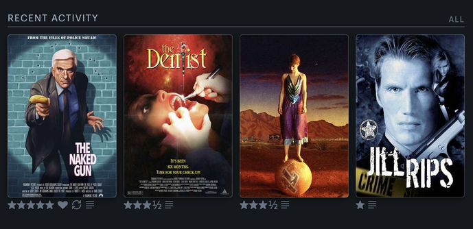 My Recent Activity on Letterboxd: 
The Naked Gun
The Dentist
One from the Heart
Jill Rips