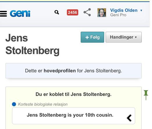 Et skjermbilde fra Geni.com hvor det står at Jens S. er min 10-menning