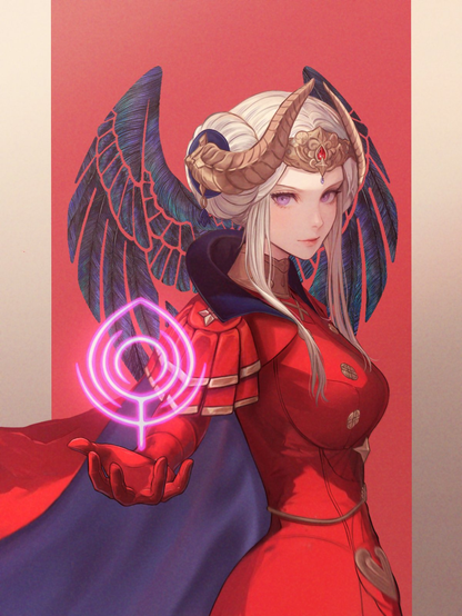 Edelgard in her Empress outfit, holding one hand out displaying her Emblem.