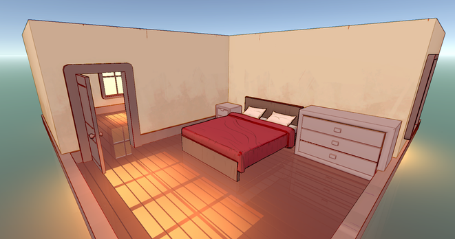 A screenshot of a bedroom interior, from a 3D game. The environment is outlined like a pencil sketch.