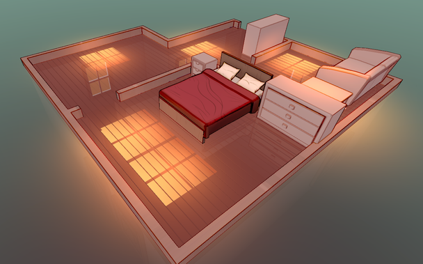 A higher-angled screenshot of the same game bedroom, with the walls hidden above ankle level. Soft warm lighting spills out onto a water-like plane outside the house.