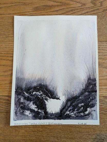 This is an atmospheric watercolor landscape. I used two granulating watercolor paints: Moonglow by Daniel Smith and Tundra Violet by Schmincke. The foreground consists of textured curved hills that meet in an open center that is untouched with pigment. Usually I make the foreground mostly dark value with peaks of medium, light and no value. For this one both bottom corners are medium/light values to show off the granulating properties of the watercolors used. Tundra Violet splits into its blue Ultramarine and brownish tan pigments. With the texture of the coldpress watercolor paper, the granulation is very noticable and gritty. This can be seen in the bottom corners and in vertical swatches into to atmosphere/sky of the painting. Moonglow also contains ultramarine blue but in this particular painting, the granulation appears more like a muted cool purple. Grasses add texture and movement to both the foreground and sky