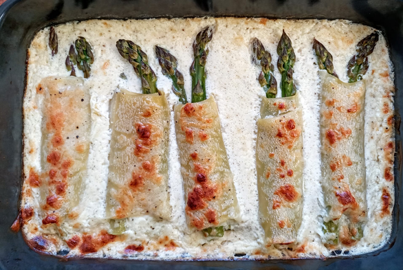 Nach dem Backen leicht gebräunt in einer Auflaufform 5 Pasta-Rollen (Canneloni) je mit 3 Stangen grünem Spargel gefüllt.