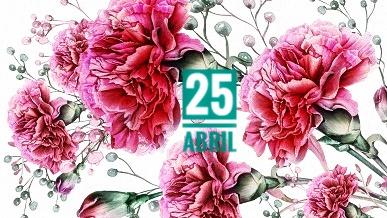 Imagem de cravos em flor com o texto 25 de Abril no centro.