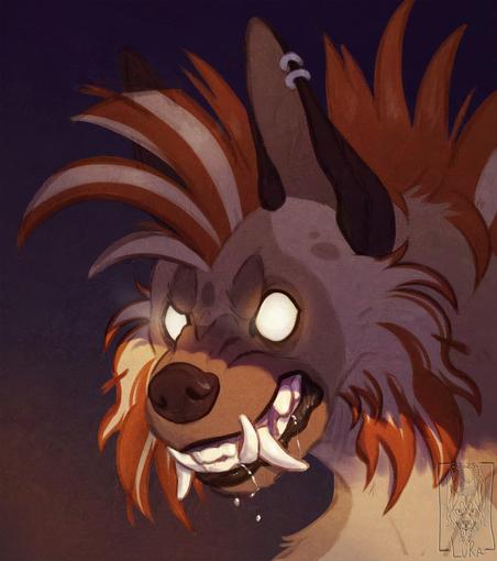 A digital artwork, of a gnoll seen from the shoulders up. They appear almost like a werewolf, with big, snarly teeth and glowing white eyes.