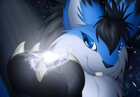 Zeem is a giant blue squirrel with a black main and white chest.  He has grown to beyond galactic scales and is holding a galaxy in one of his forepaws, while glancing over towards it.