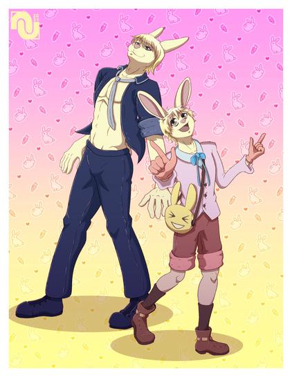 Momiji from Fruits Basket, after and before his growth spurt, as an anthropomorphic rabbit.