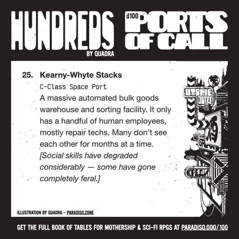 25. Kearny-Whyte Stacks
C-Class Space Port
A massive automated bulk goods warehouse and sorting facility. It only has a handful of human employees, mostly repair techs. Many don't see each other for months at a time. [Social skills have degraded considerably — some have gone completely feral.]