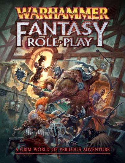 Cover of Warhammer Fantasy Role Play: A Grim World Of Perilous Adventure 4th edition. A huge brawl involving a variety of characters outside of a tavern