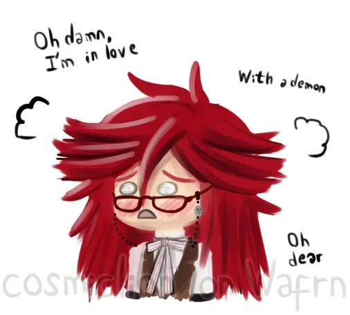 Digital lineless fully rendered illustration of Grell Sutcliff from Black Butler drawn in chibi style from the chest up. She is blushing and looks dizzy. She is thinking "Oh damn. I'm in love. With a demon. Oh year."The background is white.