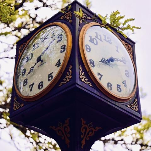 A somewhat large clock with a white face, purple numbers, a purple boxy frame, and a gold rim surrounding the face's glass seal stands tall on a thin post, at an isometric view, amidst tree branches and green leaves on an overcast day.