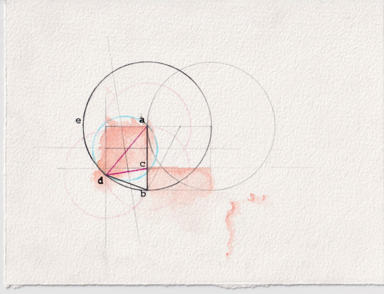 A rendering negotiated from book IV proposition 10 of Elements (1482 print-edition).

A circle within & around which are the requisite lines and other circles that calibrate the component parts of an isosceles triangle. Pencil lines are occasionally joined by blue & magenta, and a splotchy & faded orange ink wash asks that you again consider proposition 11 of book II.