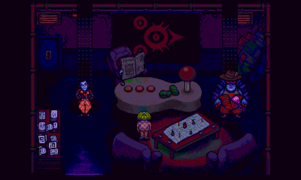 A screenshot from Octopus City Blues. A dark office with a desk shaped like a game controller. A seated person is reading a newspaper across the desk, while two enforcers stand on each side. The main character faces the newspaper reader.
