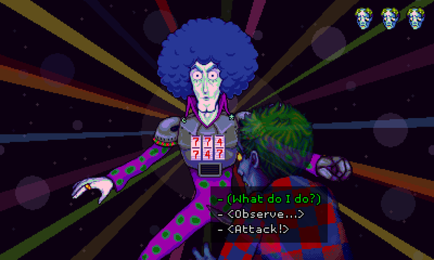A screenshot from Octopus City Blues. The main character holds a knife and has their back to the viewer while challenging a clownish looking person with a slot machine on their chest.  At the top right, there are three identical faces representing the main character. A text box is shown with three choices: (the first one is selected)
"- (What do I do?)
- <Observe...>
- <Attack!>"