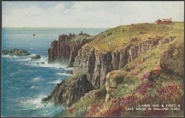 Printed colour postcard showing an illustration of Land's End in Cornwall, with the First and Last House on the horizon.

Published by Valentine & Sons Ltd, Dundee & London, No A363, c.1950s.

Postally unused.

Very good condition, with very slight corner bumps.