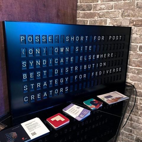 Definition of POSSE. (Publish on Own Site, Syndicate Everywhere). Taken by Manton Reece (@manton@manton.org) at Fediverse House, SXSW 2025