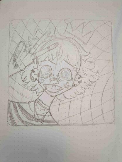 Weird sketch of a person with sort hair, doing a peace sign, crazy eyes, and a LOT of piercings and jewelry