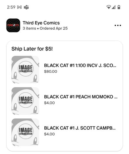 An order receipt with 3 copies of Black Cat #1, including the J Scott Campbell ratio.