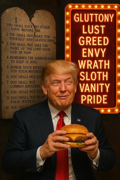 picture of trump. on the left, an old, partly broken, dusty tablet with the ten commandments: "1. You shall have no other gods before me.
2. You shall not make for yourself any graven image.
3. You shall not take the name of the Lord your God in vain.
4. Remember the Sabbath day to keep it holy.
5. Honor your father and your mother.
6. You shall not kill.
7. You shall not commit adultery.
8. You shall not steal.
9. You shall not bear false witness.
10. You shall not covet.". on the right, a velvet porn las vegas style sign with the seven deadly sins, using "gluttony, lust, greed, envy, wrath, sloth, vanity, pride". he clearly prefers the sins. there's a burger in his hands.