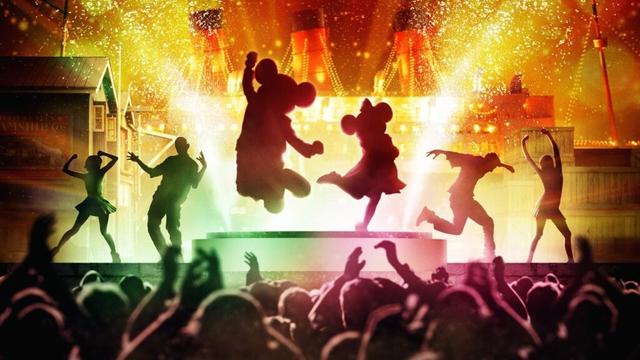 Silhouettes of dancers and Mickey and Minnie Mouse dazzle at Tokyo DisneySea's Dockside Splash Remix amid vibrant lights.