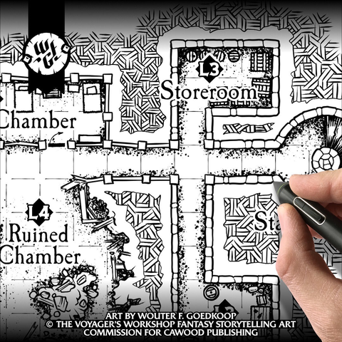Closeup of a hand drawn black & white dungeon map in true Voyager’s Workshop style!