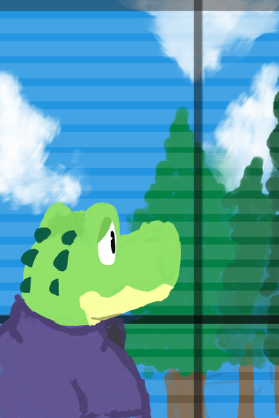 A digital drawing of an alligator who is staring out the window at the outdoor scenery with a sad expression on his face. It's too nice of a day outside to have to work.