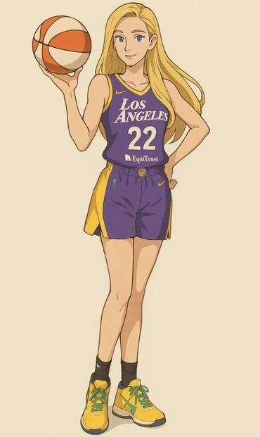Cameron Brink drawn posing with a WNBA Basketball wearing her purple Sparks jersey.